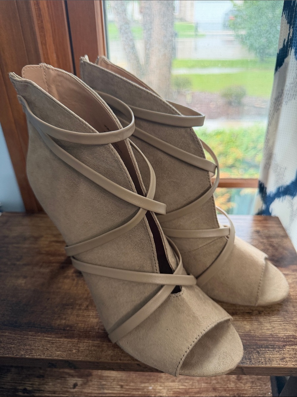 Suede Lace-Up Peep-Toe Ankle Boots in Beige